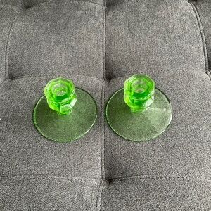 EUC Vintage Fostoria Green Depression Glass Candlestick Holder - Set of 2
